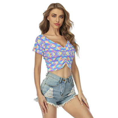 Women's Raglan Drawstring Front Crop Tee