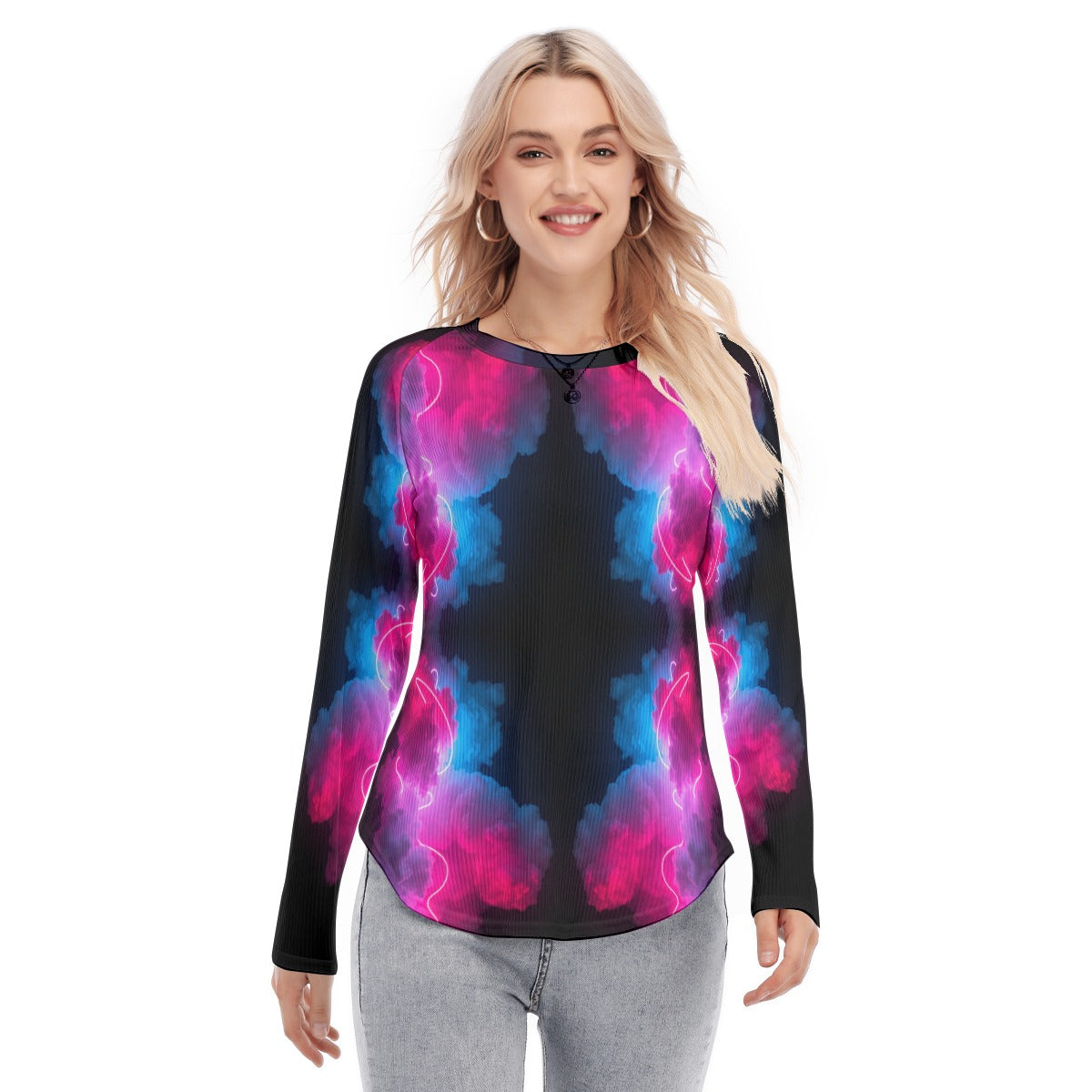 Women's Raglan Sleeves U-Shaped Hem Long Sleeves Blouse