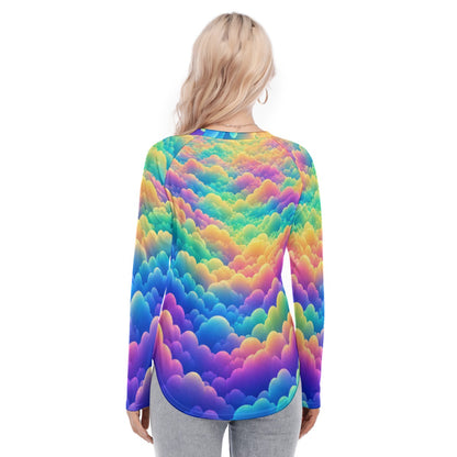 Women's Raglan Sleeves U-Shaped Hem Long Sleeves Blouse