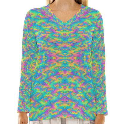 Women's Loose V-Neck T-Shirt With Long Sleeve