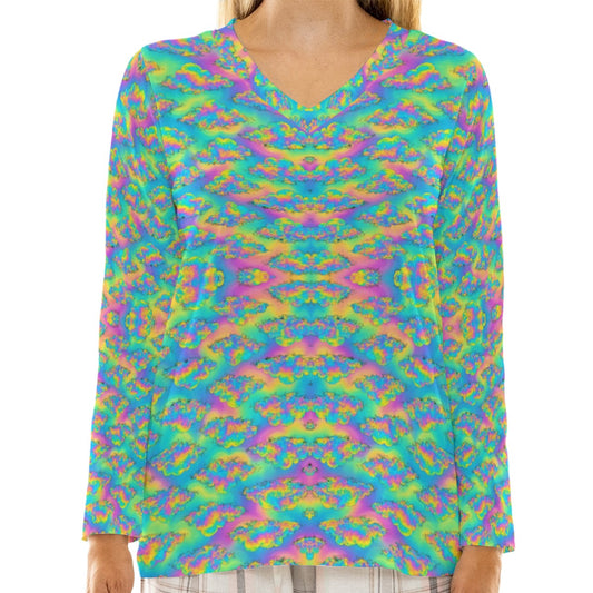 Women's Loose V-Neck T-Shirt With Long Sleeve