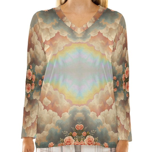 Women's Loose V-Neck T-Shirt With Long Sleeve