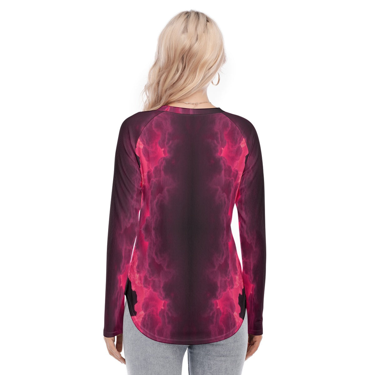 Women's Raglan Sleeves U-Shaped Hem Long Sleeves Blouse