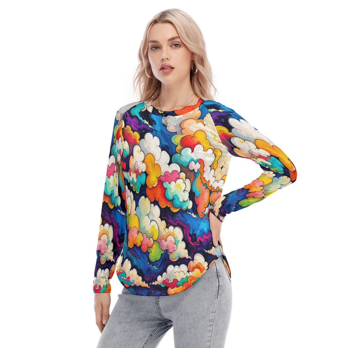 Women's Raglan Sleeves U-Shaped Hem Long Sleeves Blouse