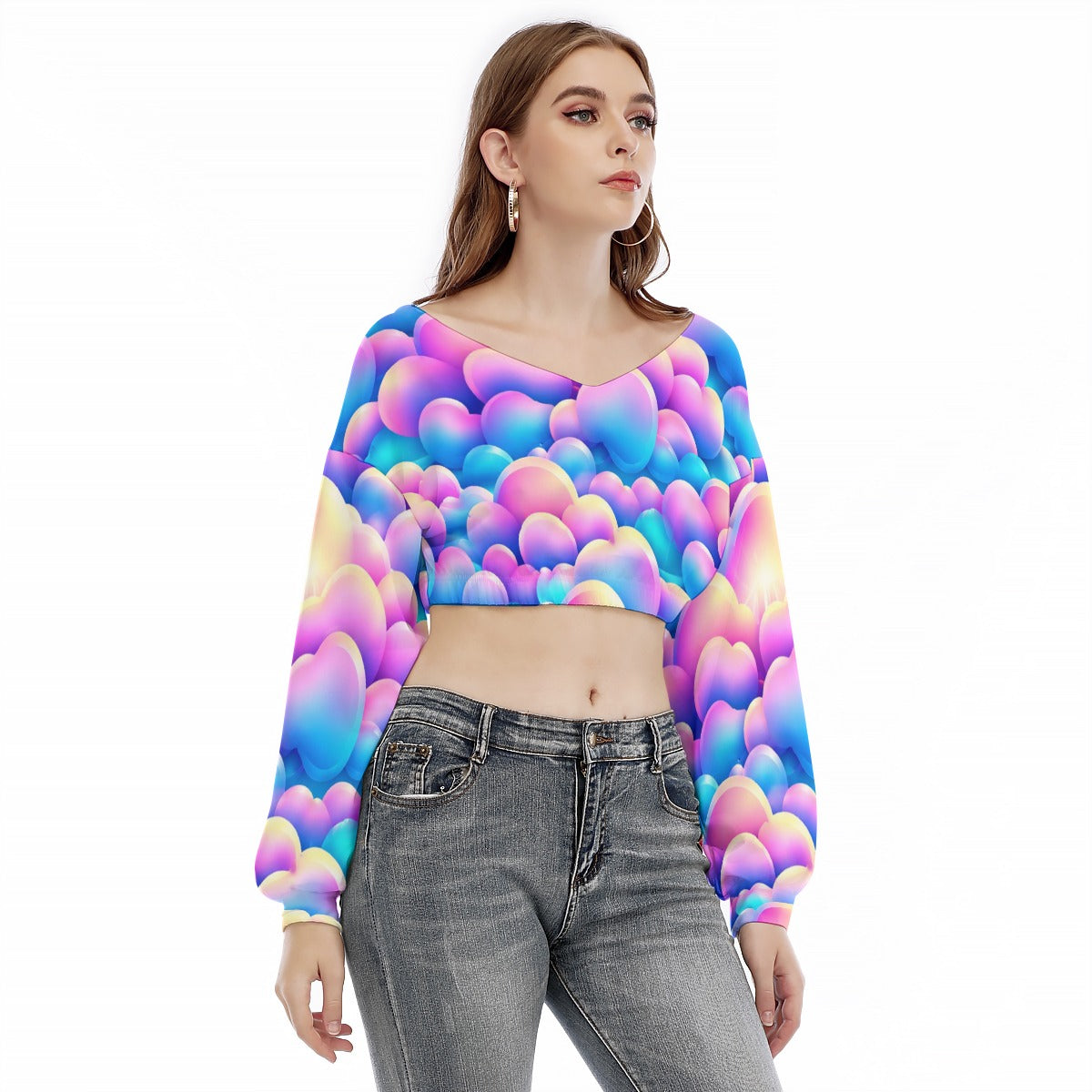 Women's V-neck Long Sleeve Cropped Sweatshirt