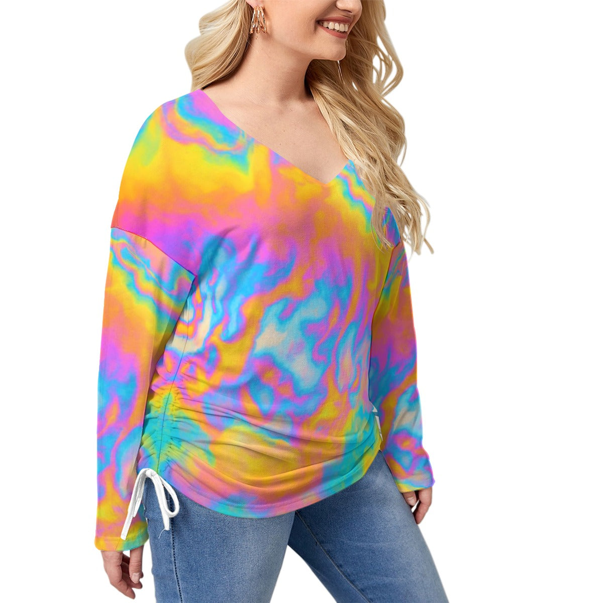 Unisex Women’s V-neck T-shirt With Side Drawstring(Plus Size)