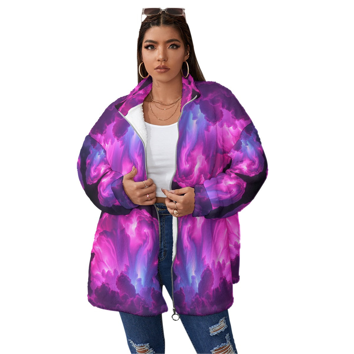 Unisex Borg Fleece Stand-up Collar Coat With Zipper Closure(Plus Size)