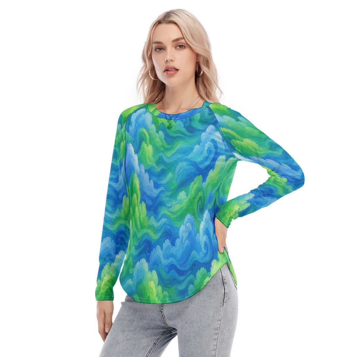 Women's Raglan Sleeves U-Shaped Hem Long Sleeves Blouse