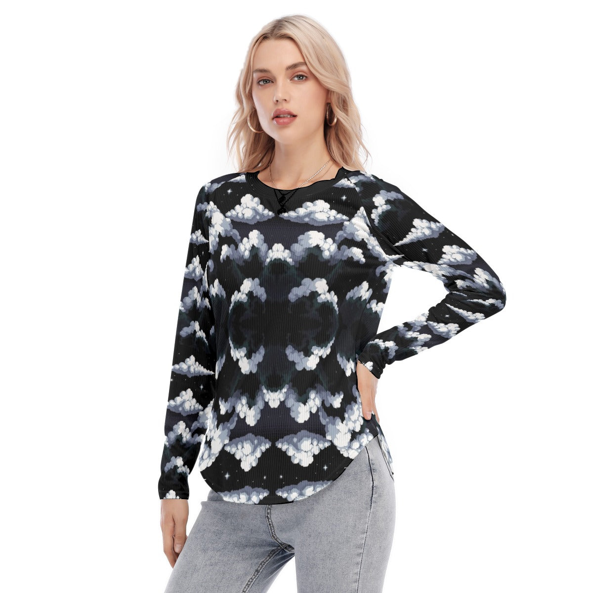 Women's Raglan Sleeves U-Shaped Hem Long Sleeves Blouse
