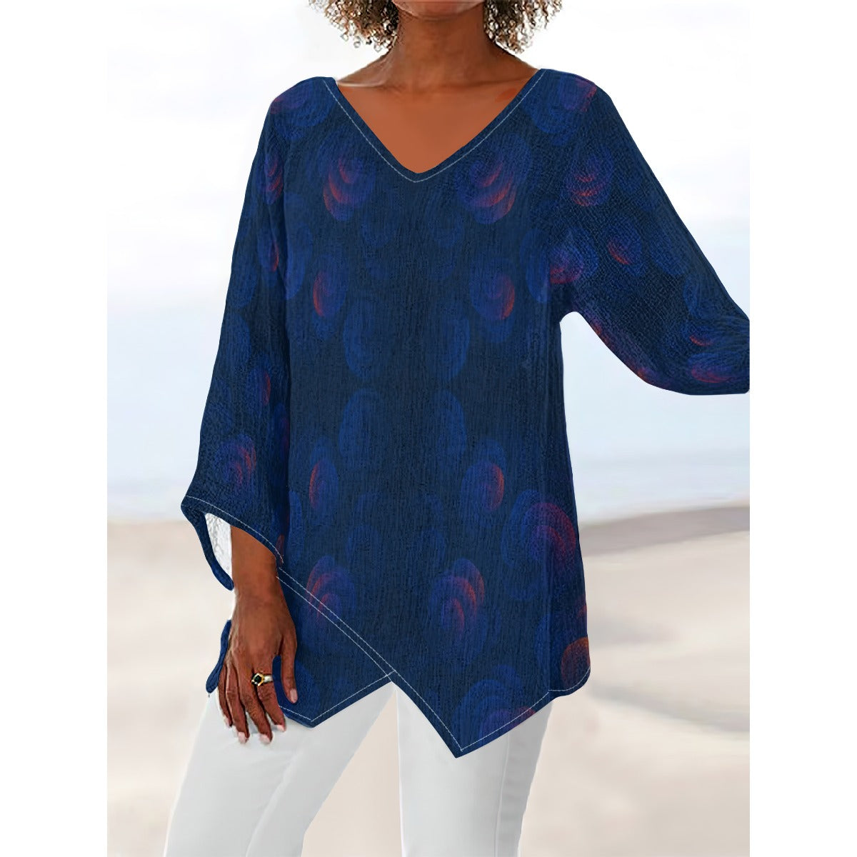 Women's V-neck T-shirt With Irregular Hem