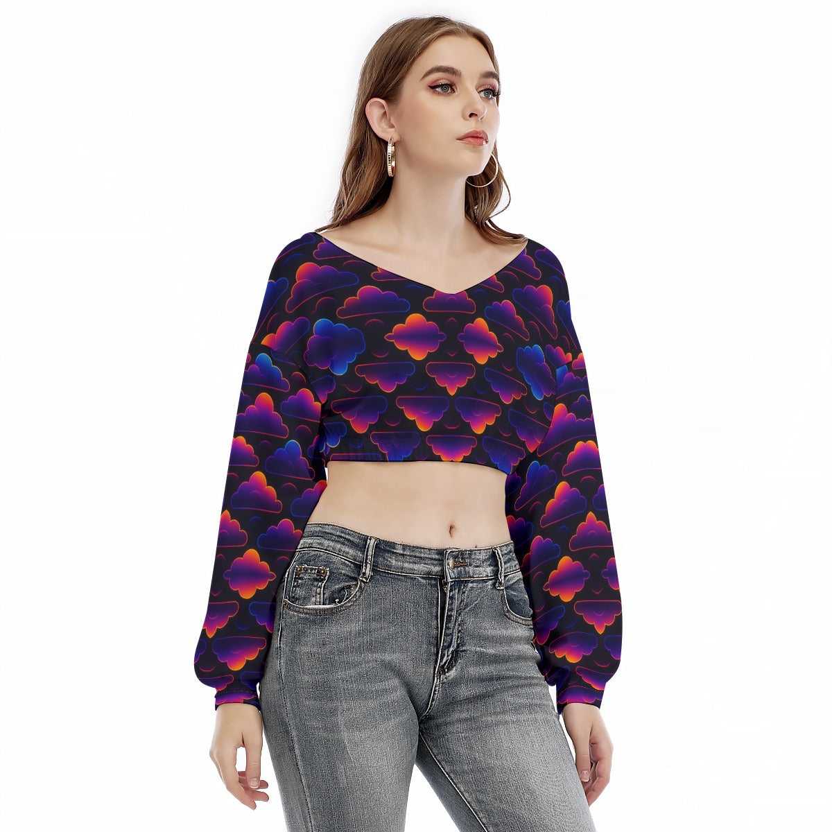 Women's V-neck Long Sleeve Cropped Sweatshirt
