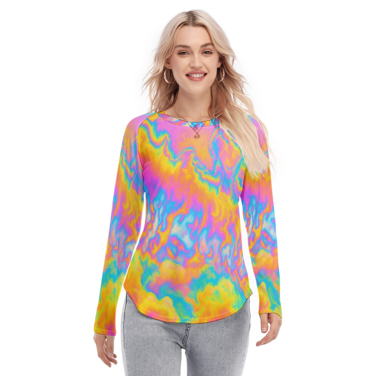 Women's Raglan Sleeves U-Shaped Hem Long Sleeves Blouse