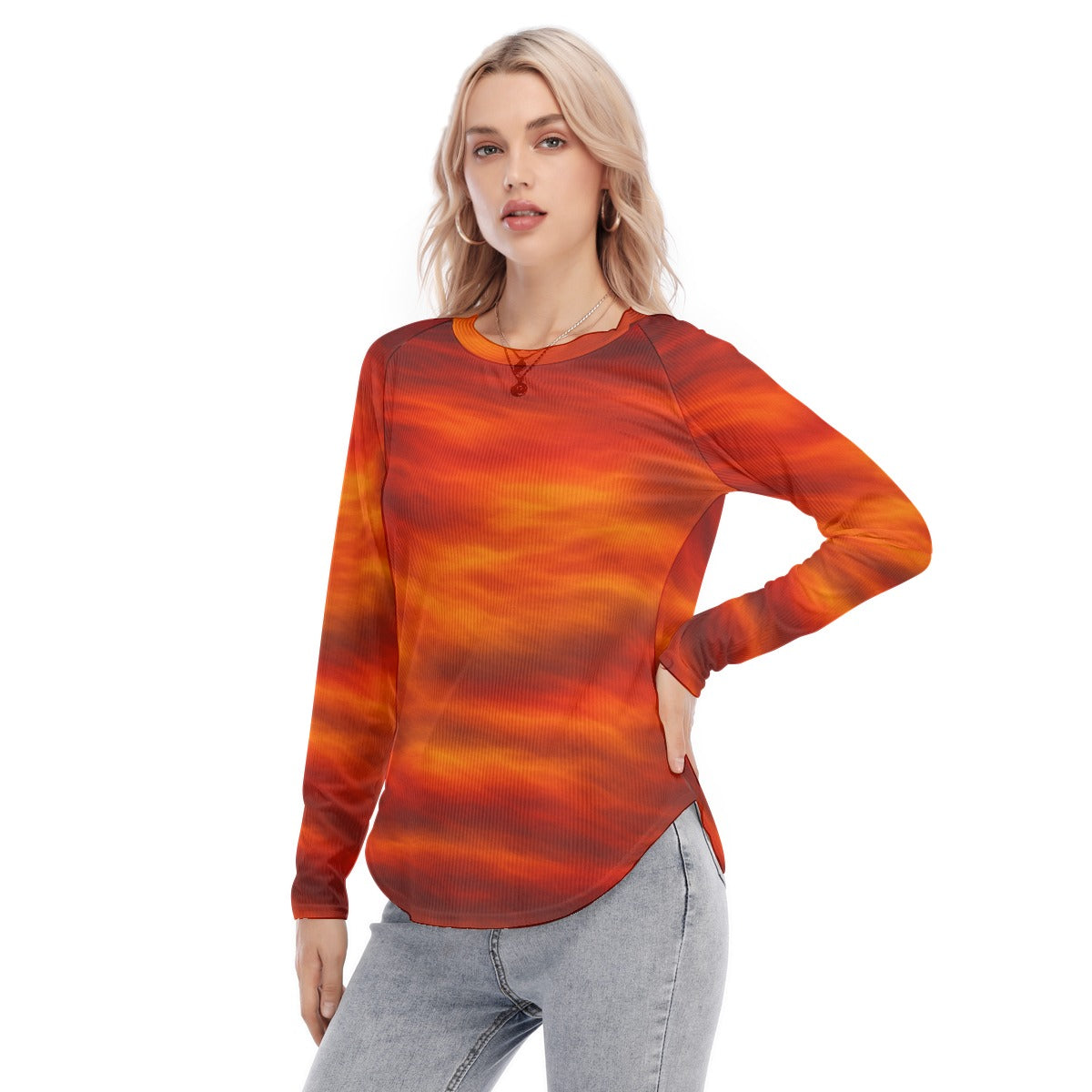 Women's Raglan Sleeves U-Shaped Hem Long Sleeves Blouse