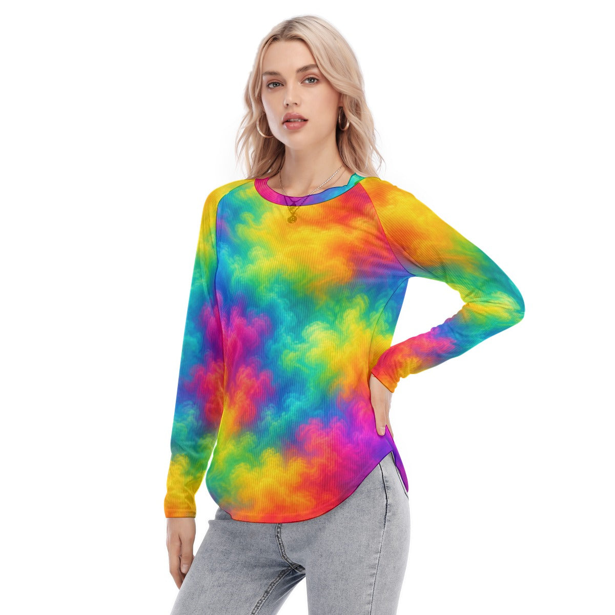 Women's Raglan Sleeves U-Shaped Hem Long Sleeves Blouse