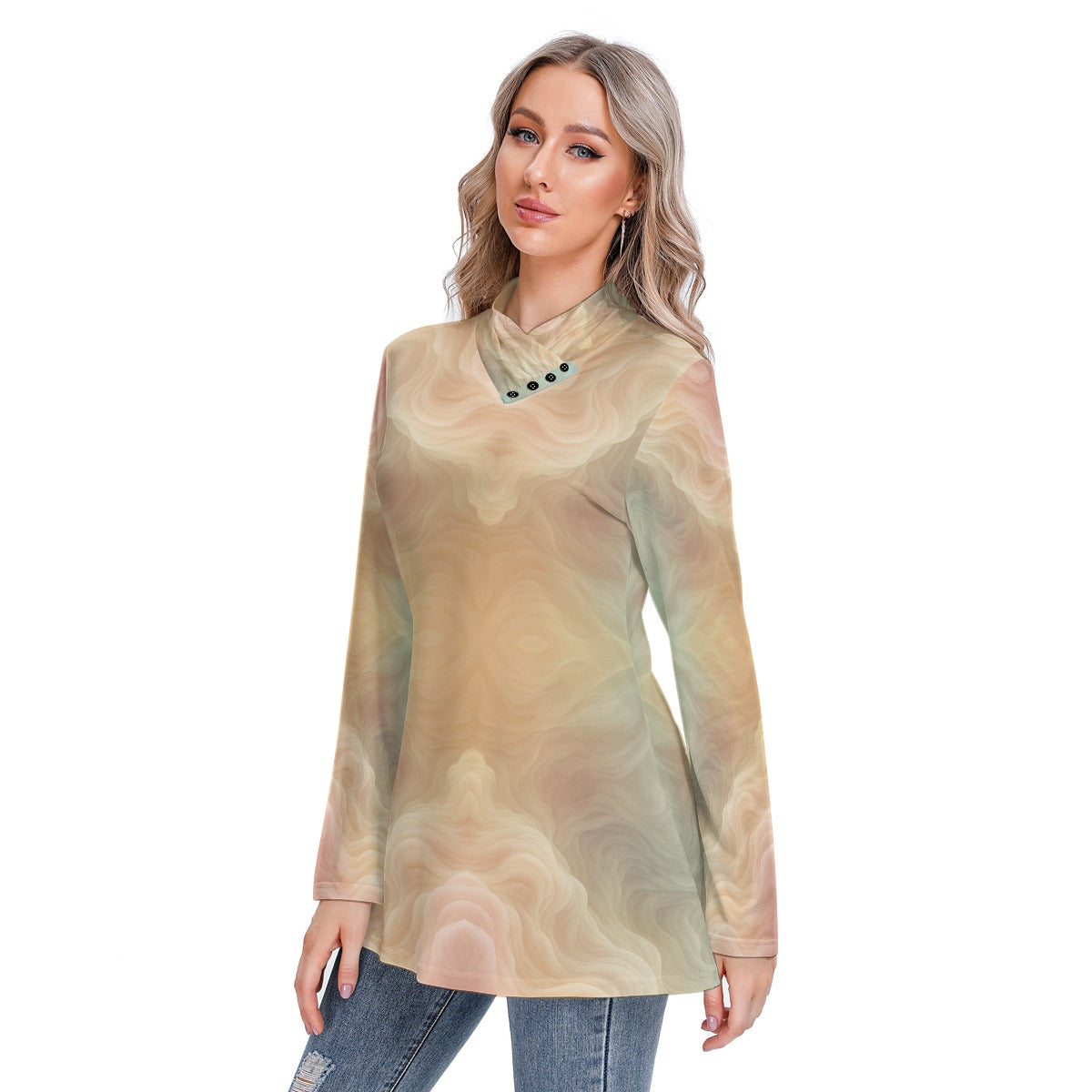 Women's Long-sleeved Heap-neck Slim Casual Tunic Blouse