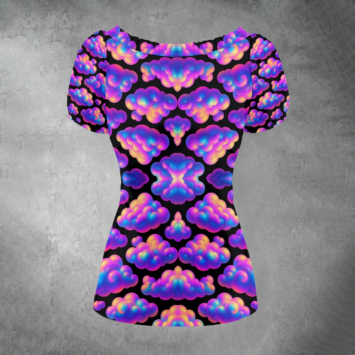 All-over print Women's Puff Sleeve Pleated Shirt