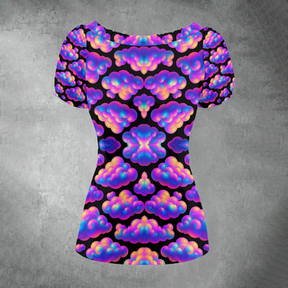 All-over print Women's Puff Sleeve Pleated Shirt