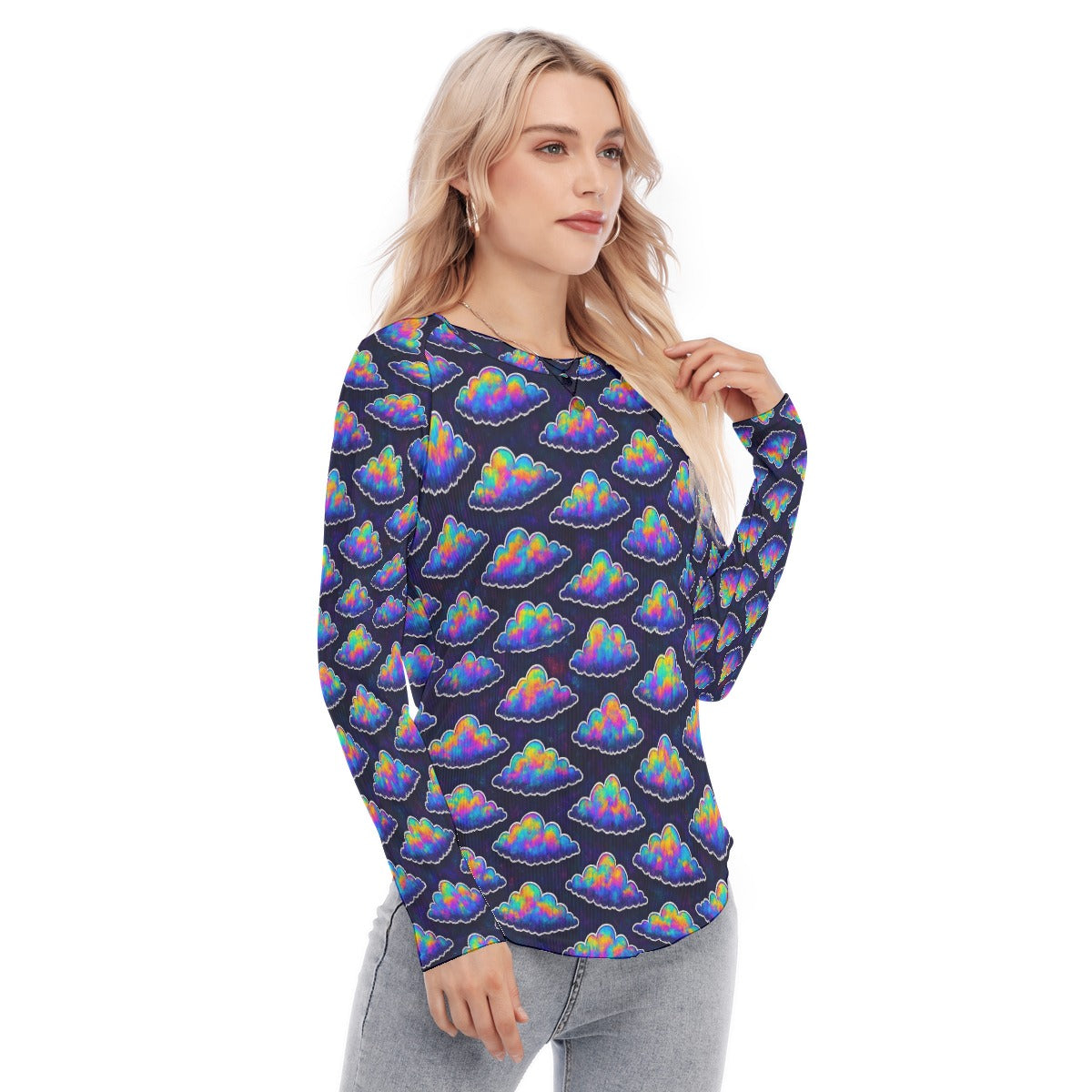 Women's Raglan Sleeves U-Shaped Hem Long Sleeves Blouse