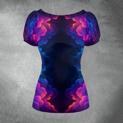 All-over print Women's Puff Sleeve Pleated Shirt