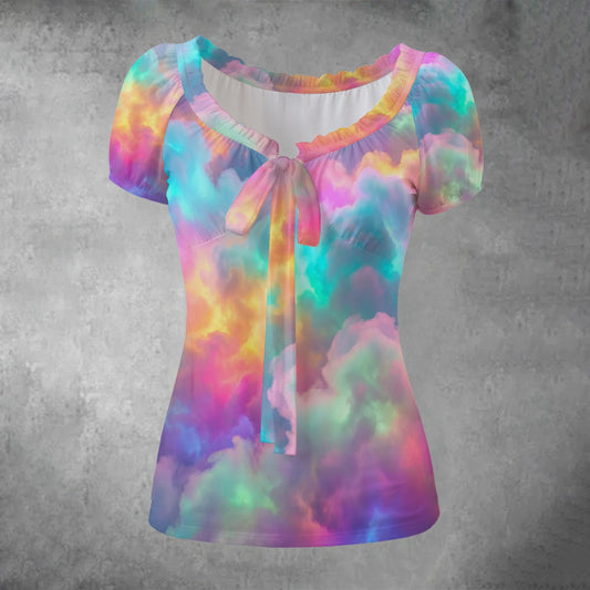 All-over print Women's Puff Sleeve Pleated Shirt