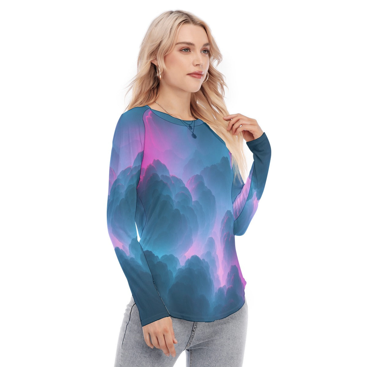 Women's Raglan Sleeves U-Shaped Hem Long Sleeves Blouse