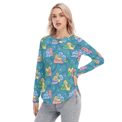 Women's Raglan Sleeves U-Shaped Hem Long Sleeves Blouse