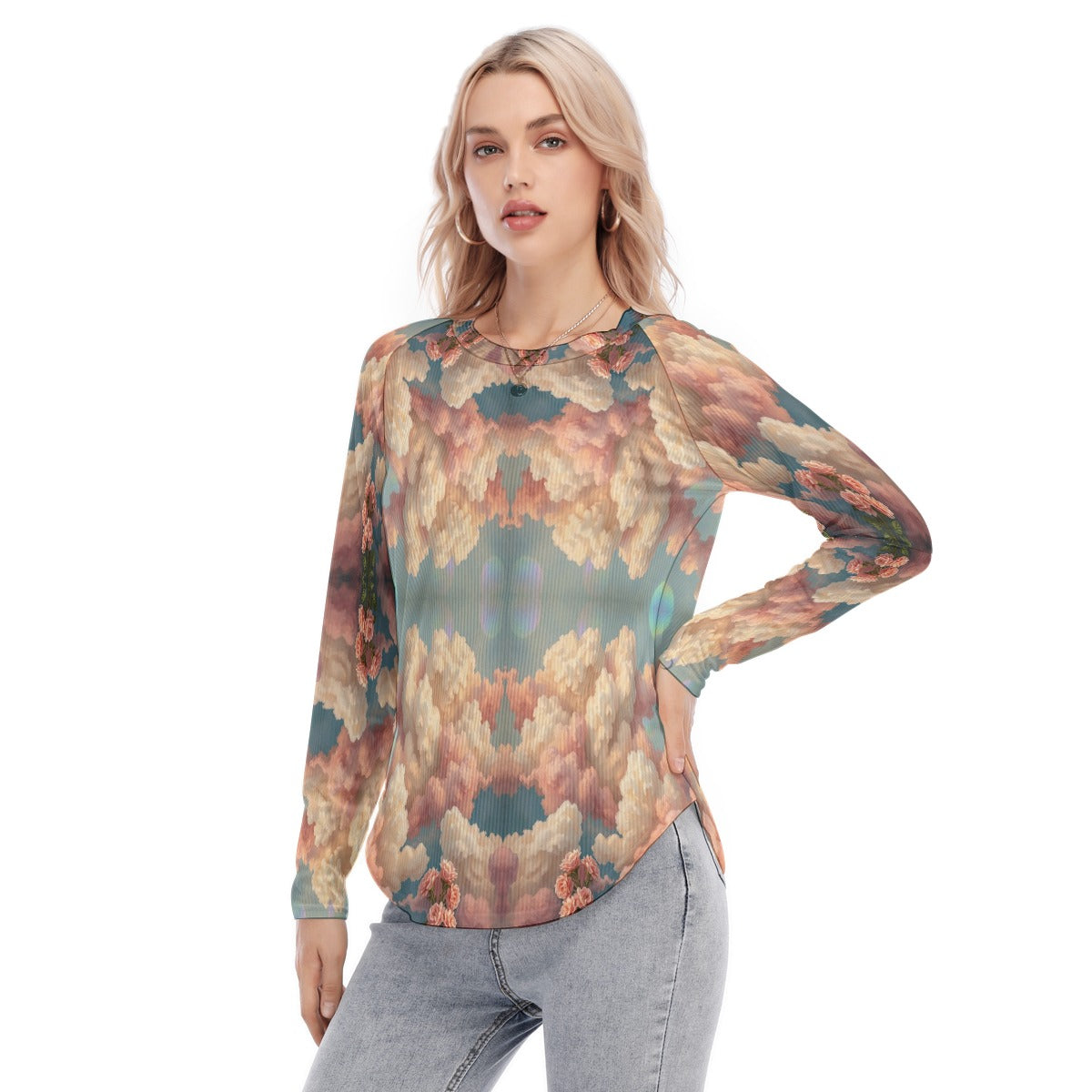 Women's Raglan Sleeves U-Shaped Hem Long Sleeves Blouse