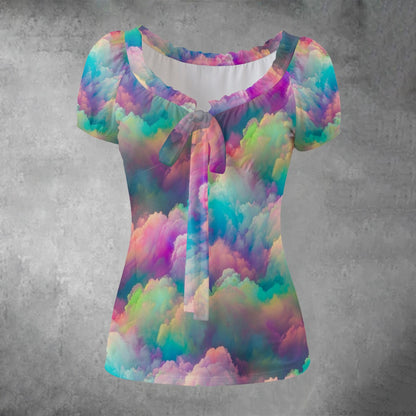 All-over print Women's Puff Sleeve Pleated Shirt
