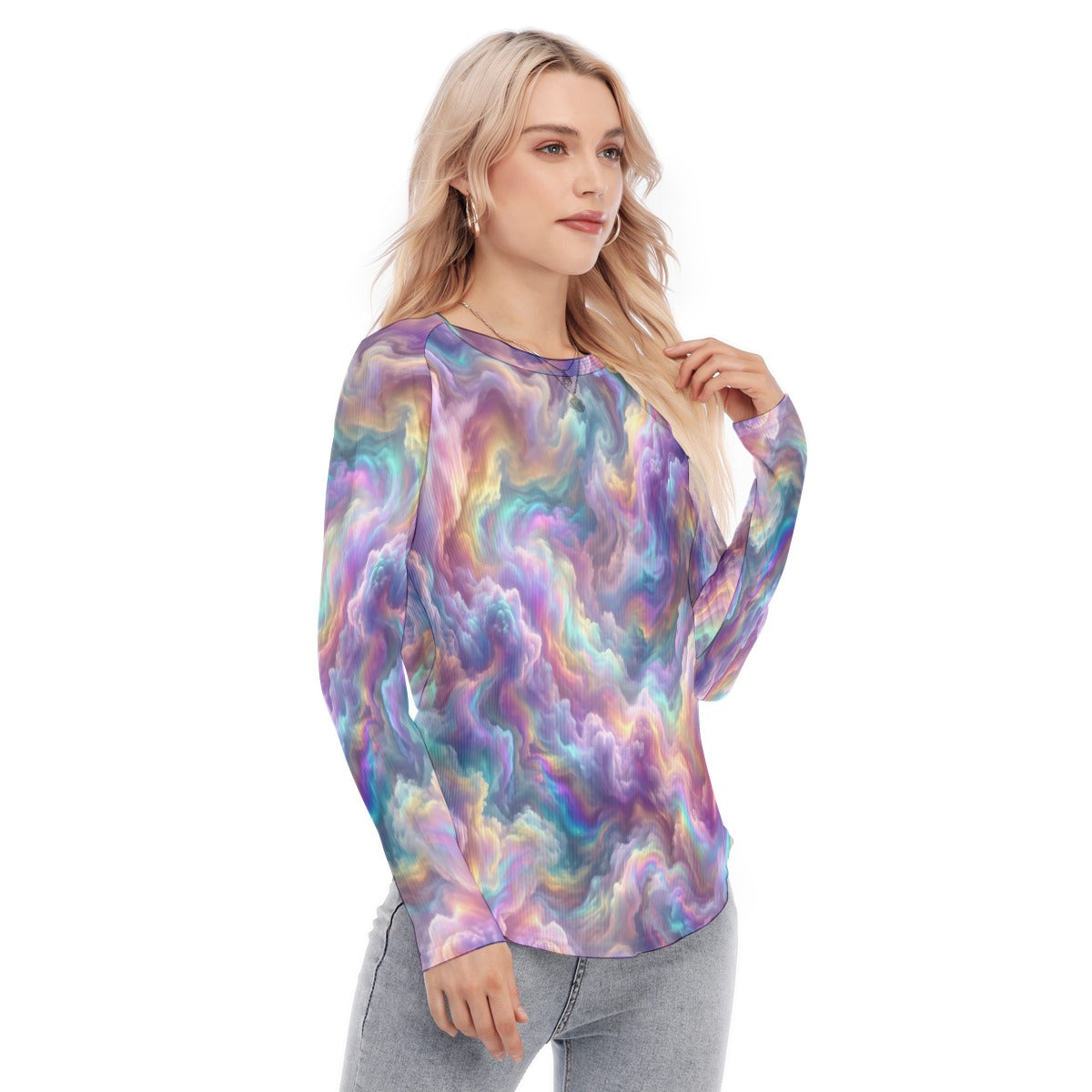 Women's Raglan Sleeves U-Shaped Hem Long Sleeves Blouse