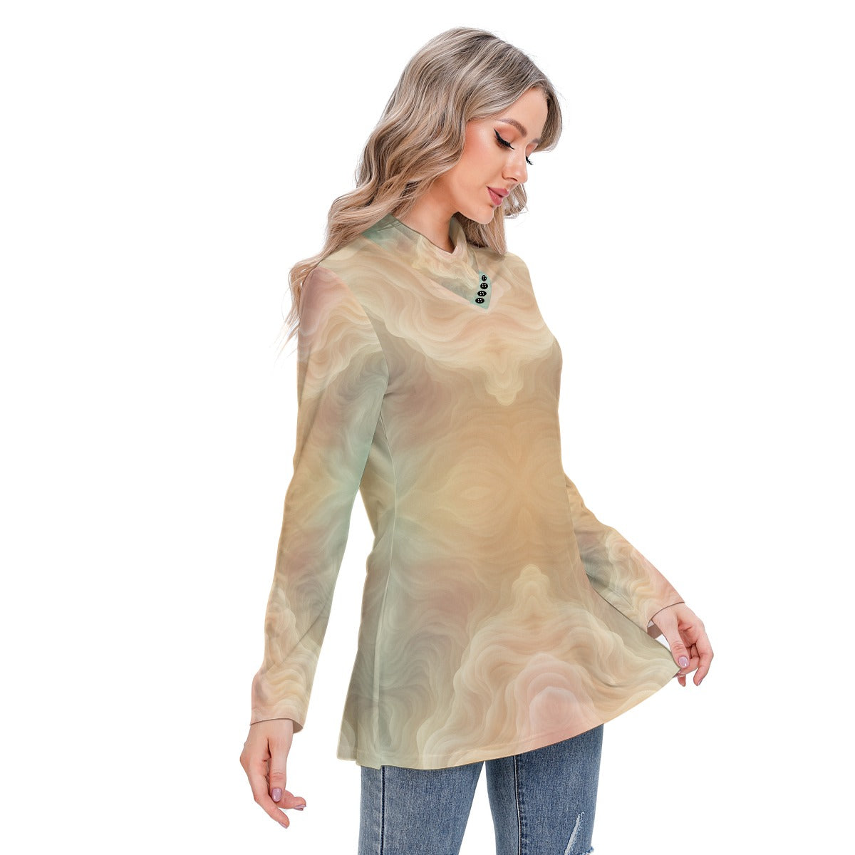 Women's Long-sleeved Heap-neck Slim Casual Tunic Blouse