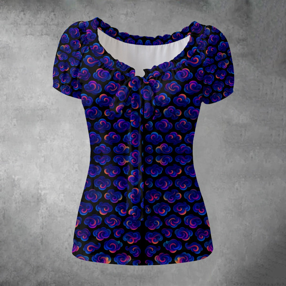 All-over print Women's Puff Sleeve Pleated Shirt