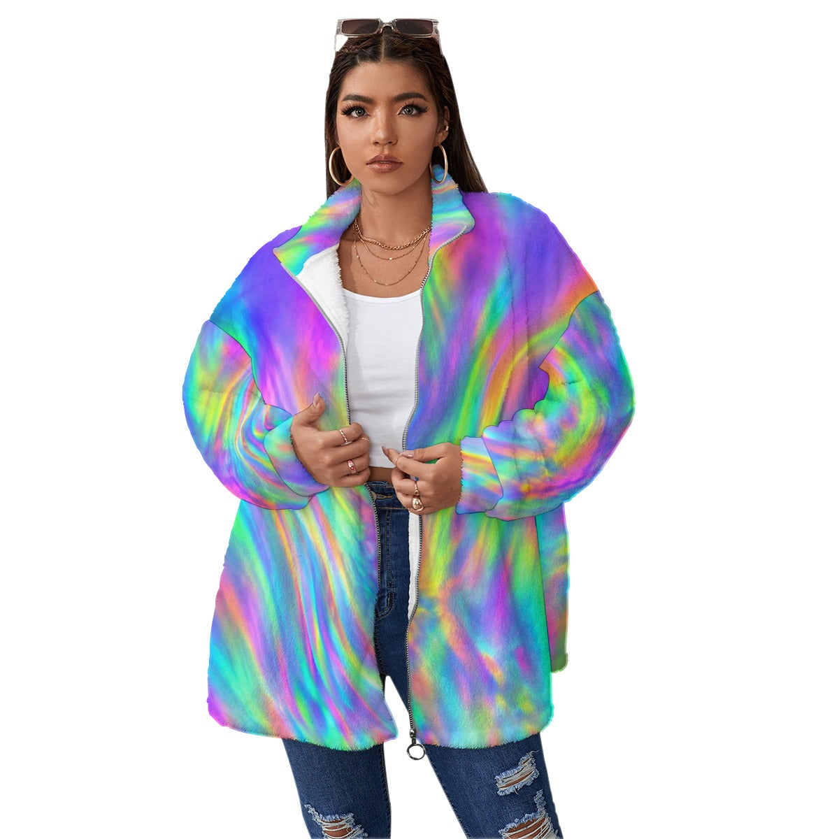 Unisex Borg Fleece Stand-up Collar Coat With Zipper Closure(Plus Size)