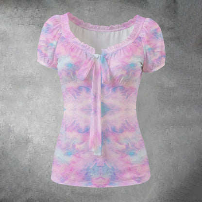 All-over print Women's Puff Sleeve Pleated Shirt