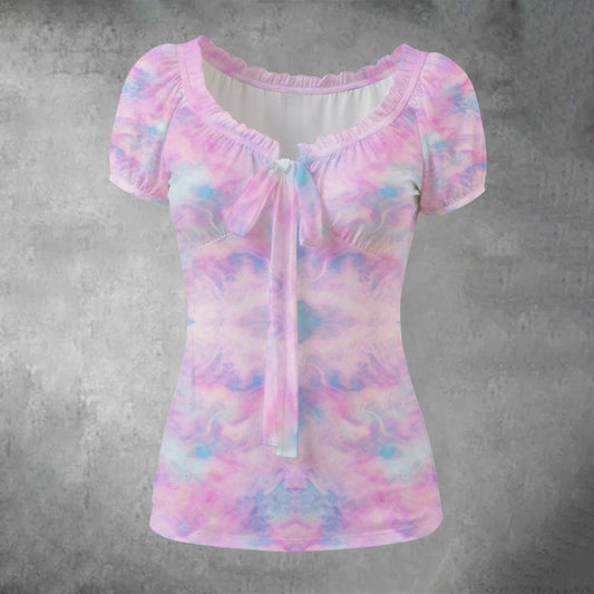 All-over print Women's Puff Sleeve Pleated Shirt