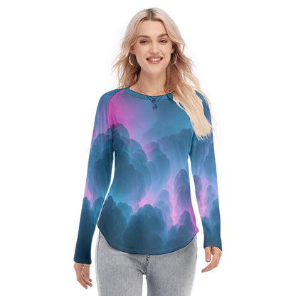 Women's Raglan Sleeves U-Shaped Hem Long Sleeves Blouse