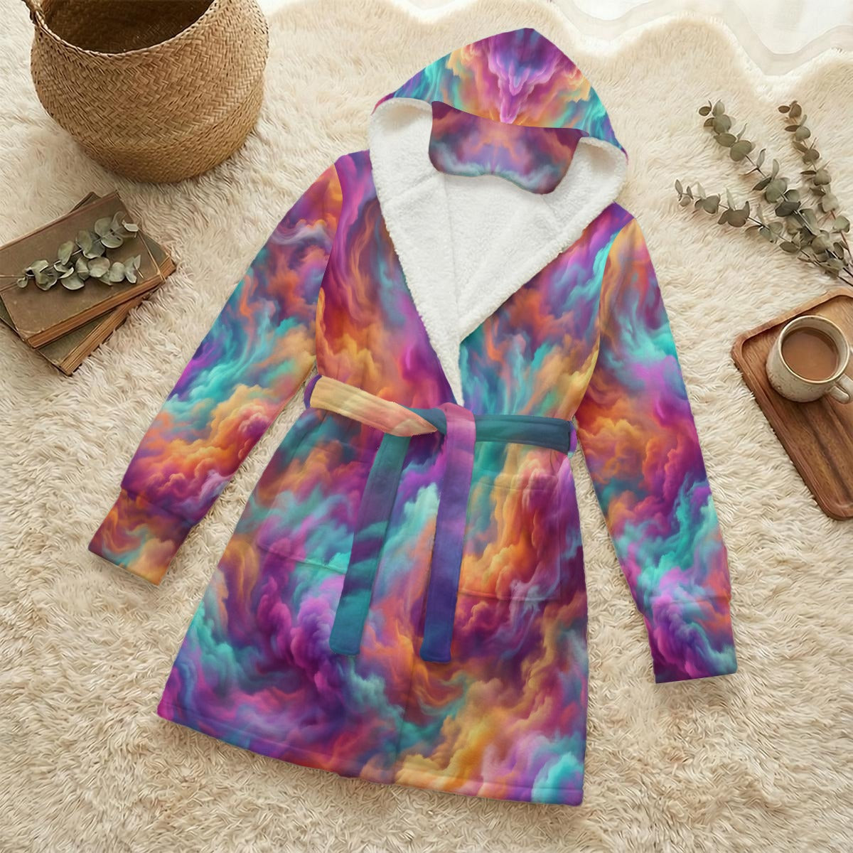 Unisex Flannel Hooded Robe With Eye Mask