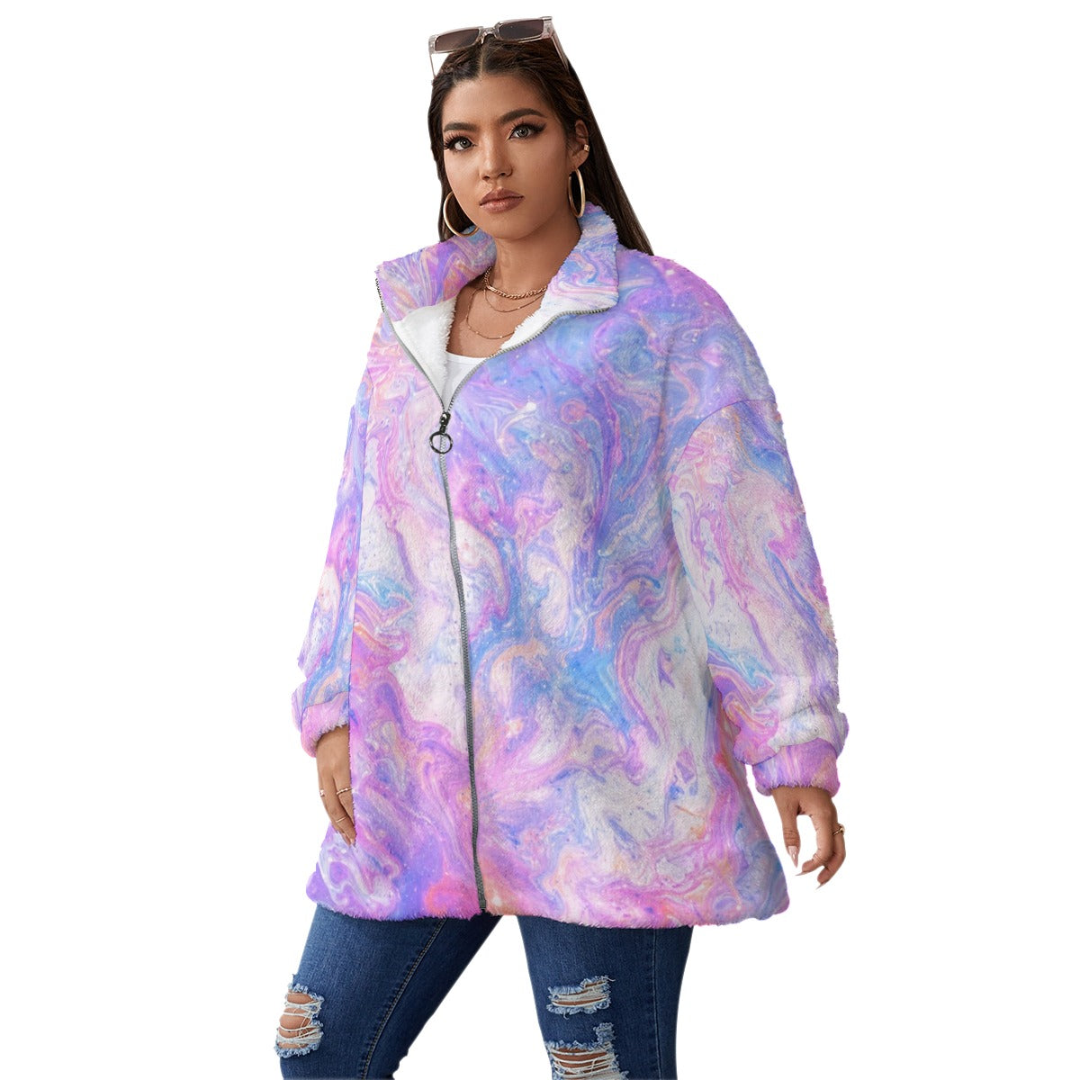 Unisex Borg-Fleece Stand-Up Collar Zip Coat — Plus Size - view 2