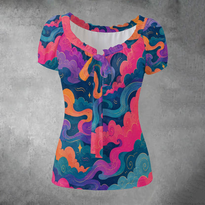 All-over print Women's Puff Sleeve Pleated Shirt
