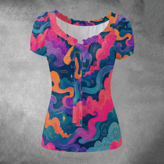All-over print Women's Puff Sleeve Pleated Shirt