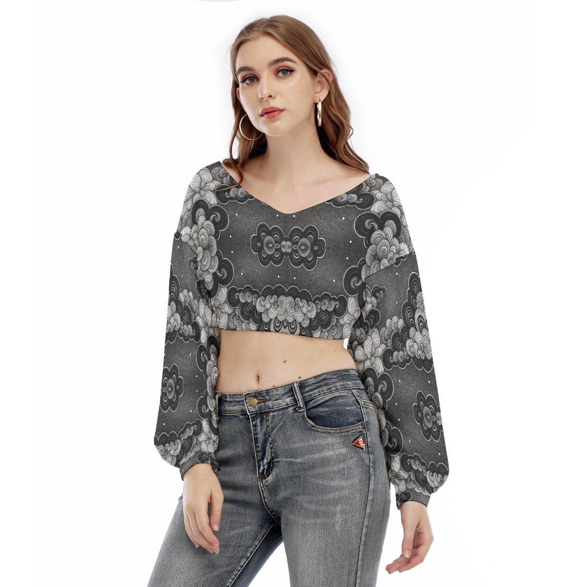 Women's V-neck Long Sleeve Cropped Sweatshirt