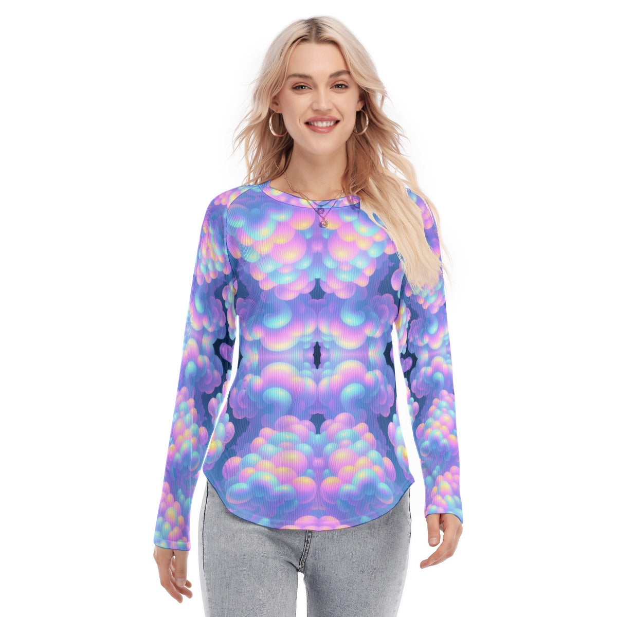 Women's Raglan Sleeves U-Shaped Hem Long Sleeves Blouse