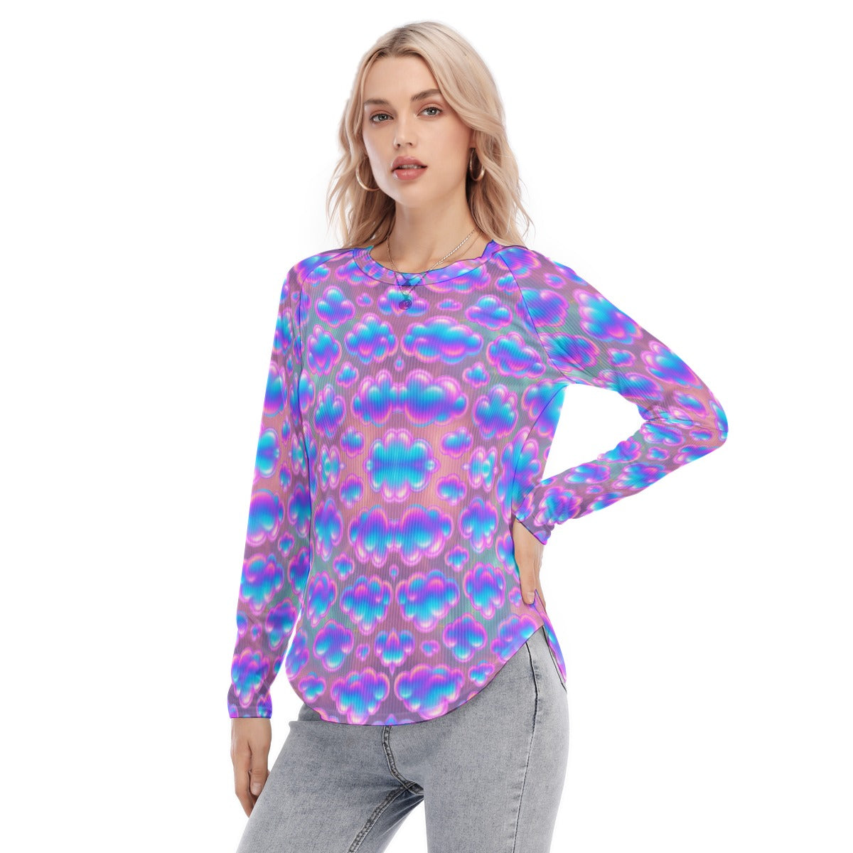 Women's Raglan Sleeves U-Shaped Hem Long Sleeves Blouse