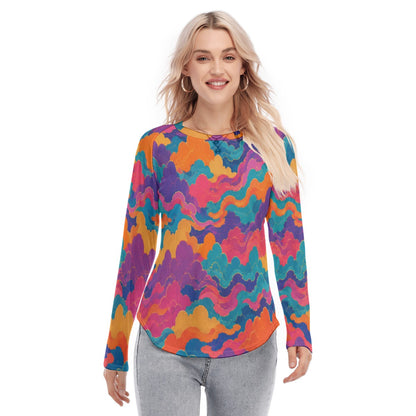Women's Raglan Sleeves U-Shaped Hem Long Sleeves Blouse