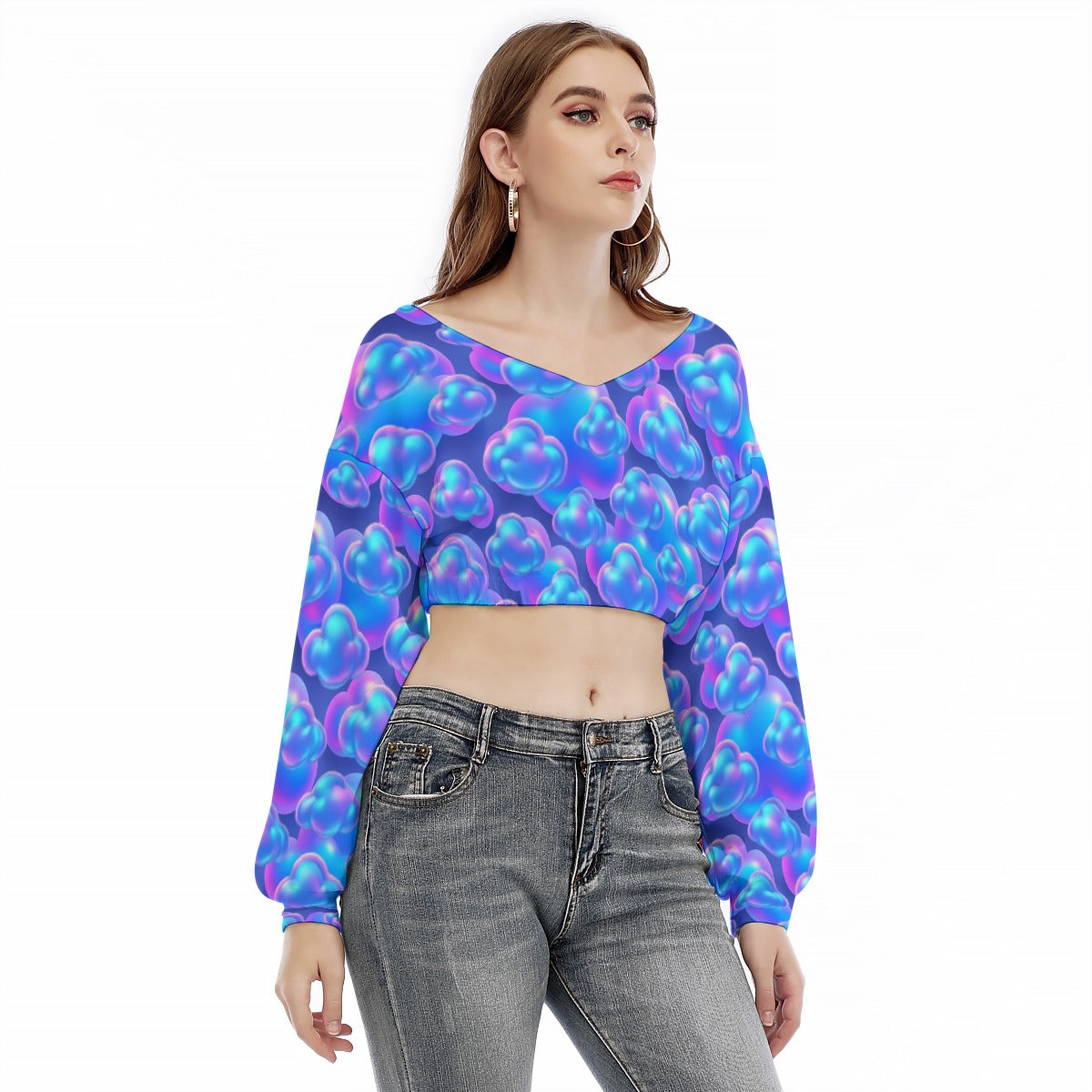 Women's V-neck Long Sleeve Cropped Sweatshirt