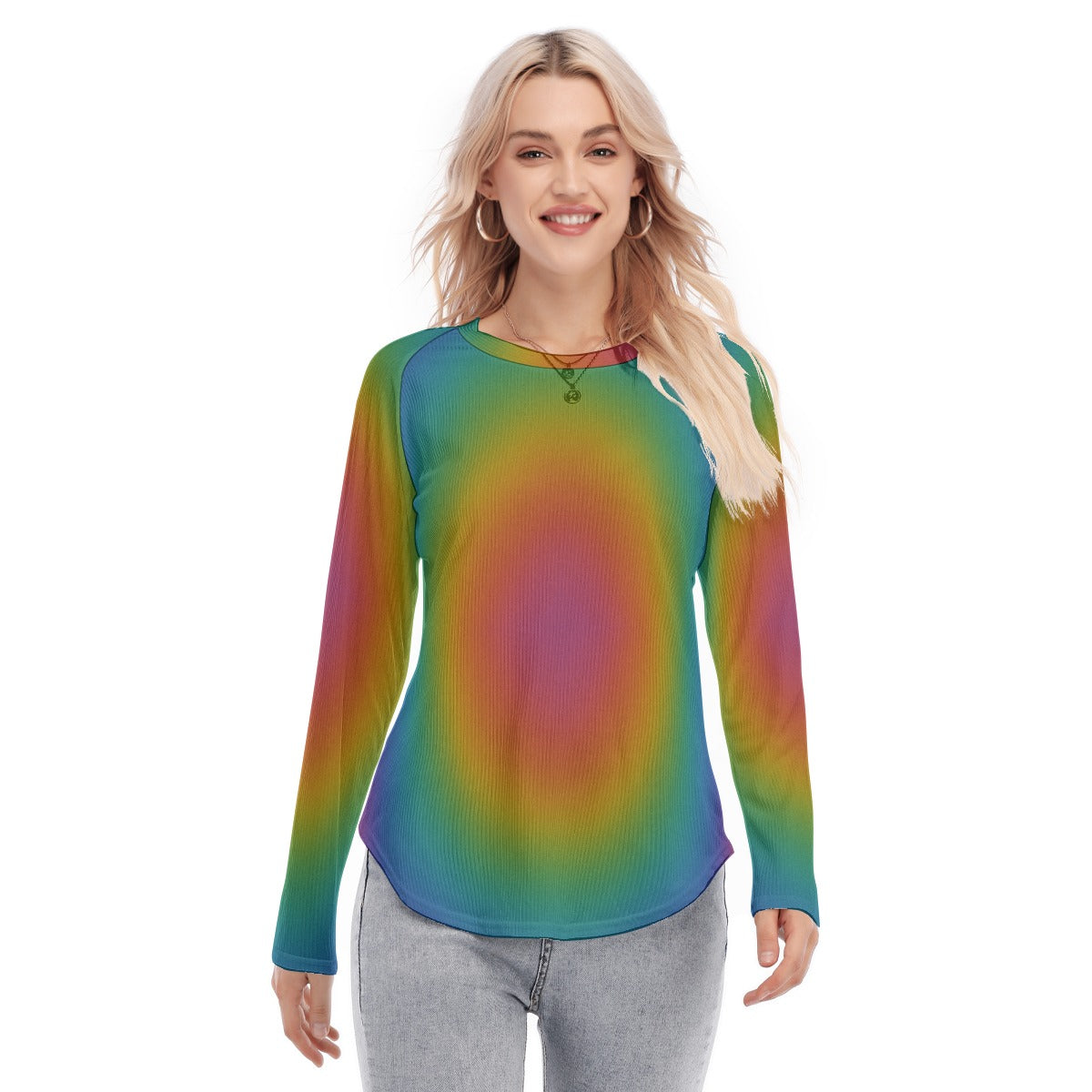 Women's Raglan Sleeves U-Shaped Hem Long Sleeves Blouse