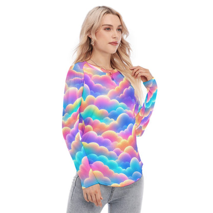 Women's Raglan Sleeves U-Shaped Hem Long Sleeves Blouse
