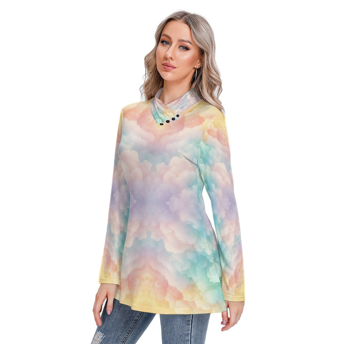 Women's Long-sleeved Heap-neck Slim Casual Tunic Blouse