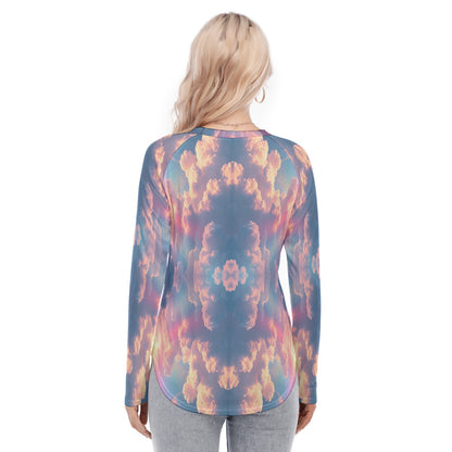 Women's Raglan Sleeves U-Shaped Hem Long Sleeves Blouse