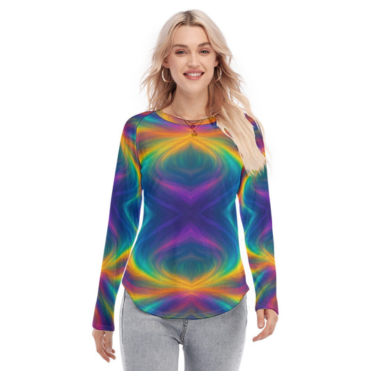 Women's Raglan Sleeves U-Shaped Hem Long Sleeves Blouse