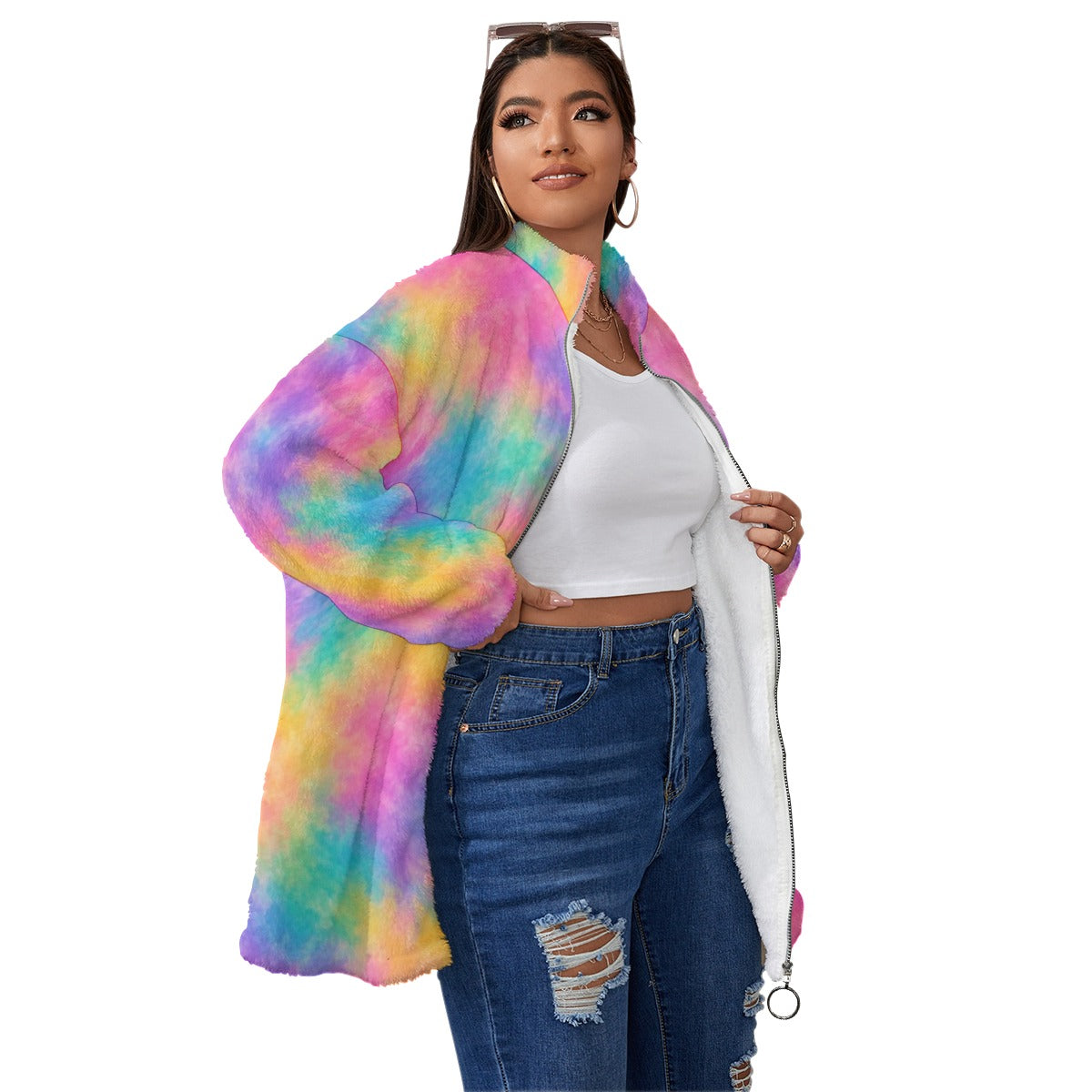 Unisex Borg-Fleece Stand-Up Collar Zip Coat — Plus Size - view 3
